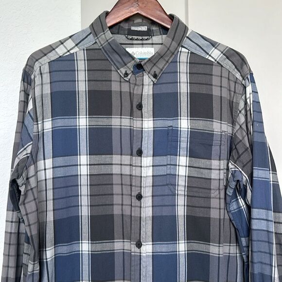 COLUMBIA GREY AND BLUE BUTTON LONG SLEEVE BUTTON DOWN MENS LARGE - Picture 2 of 5